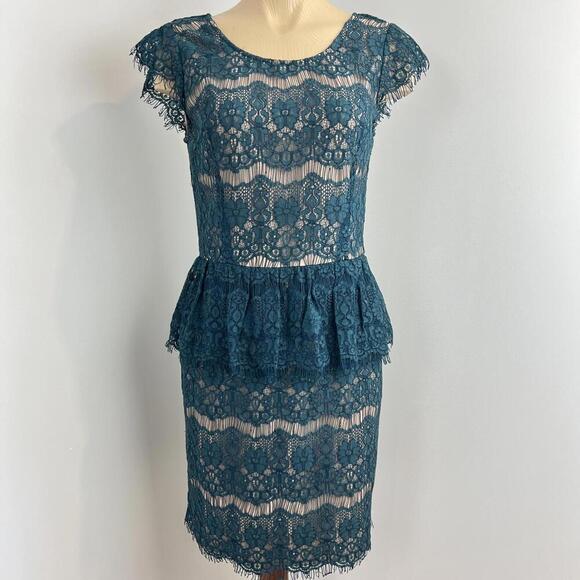 Maeve Anthropologie Women Small Elsa Teal Blue Lace Illusion Peplum Sheath Dress - Picture 1 of 14